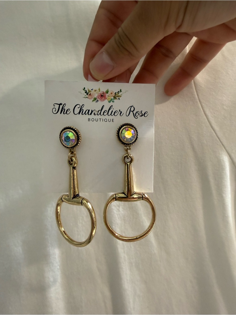 Gold Drop Stirrup Earrings with Iridescent Crystal